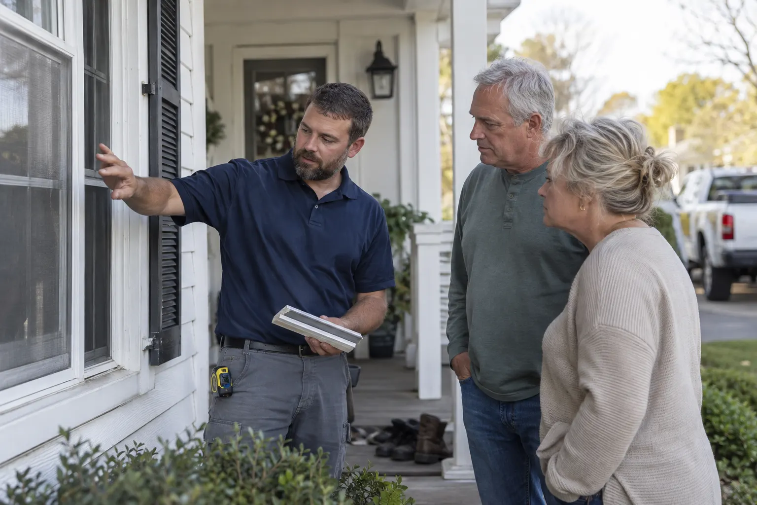 Contractor walking homeowners through a window estimate