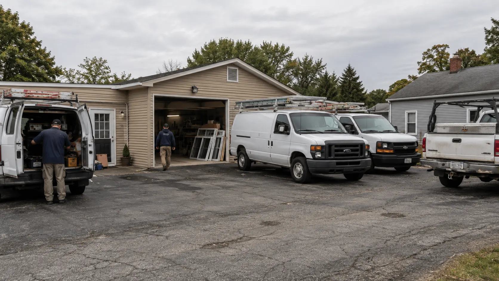 Contractor vans and work trucks outside a remodeling company