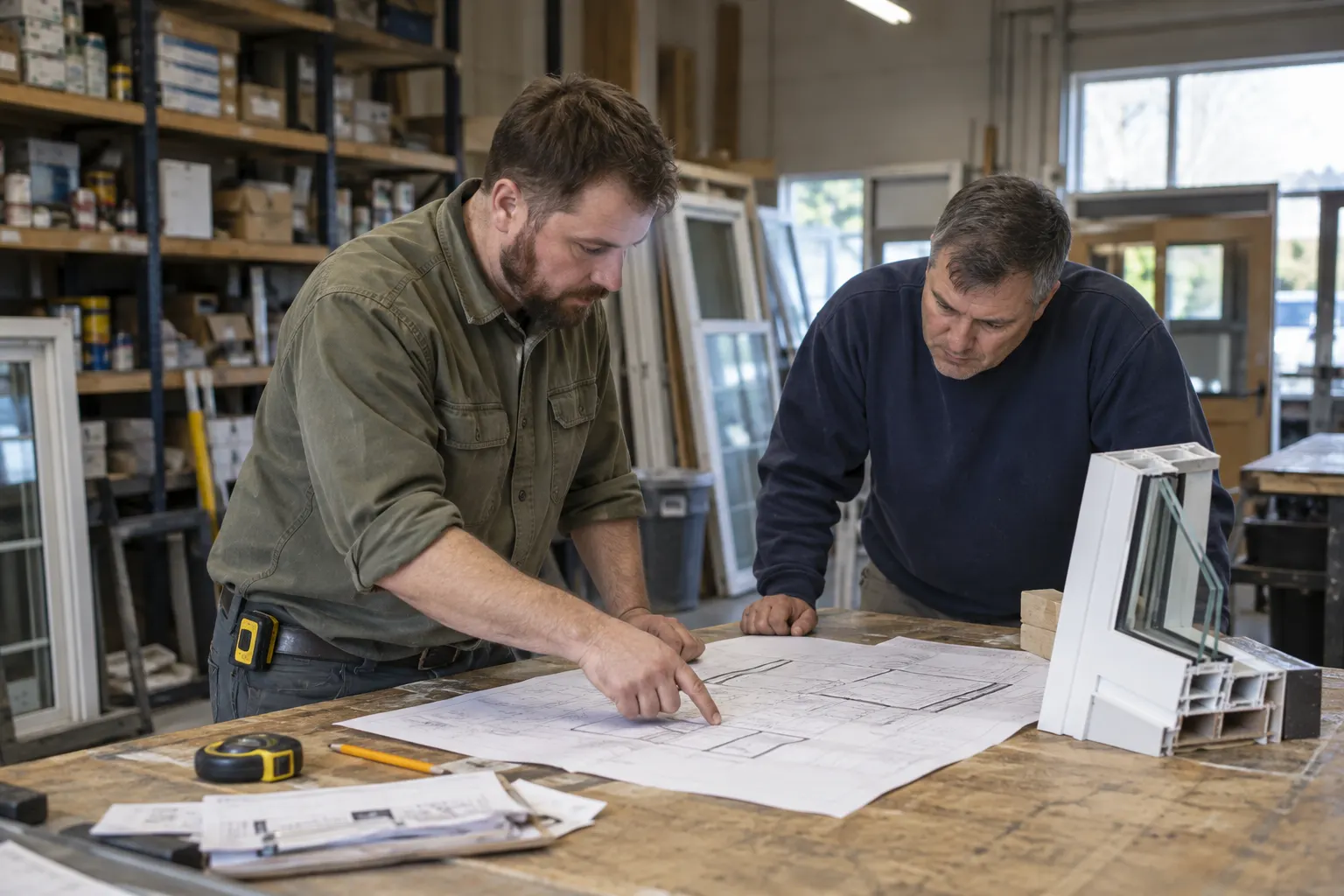 Two contractors reviewing plans in a workshop